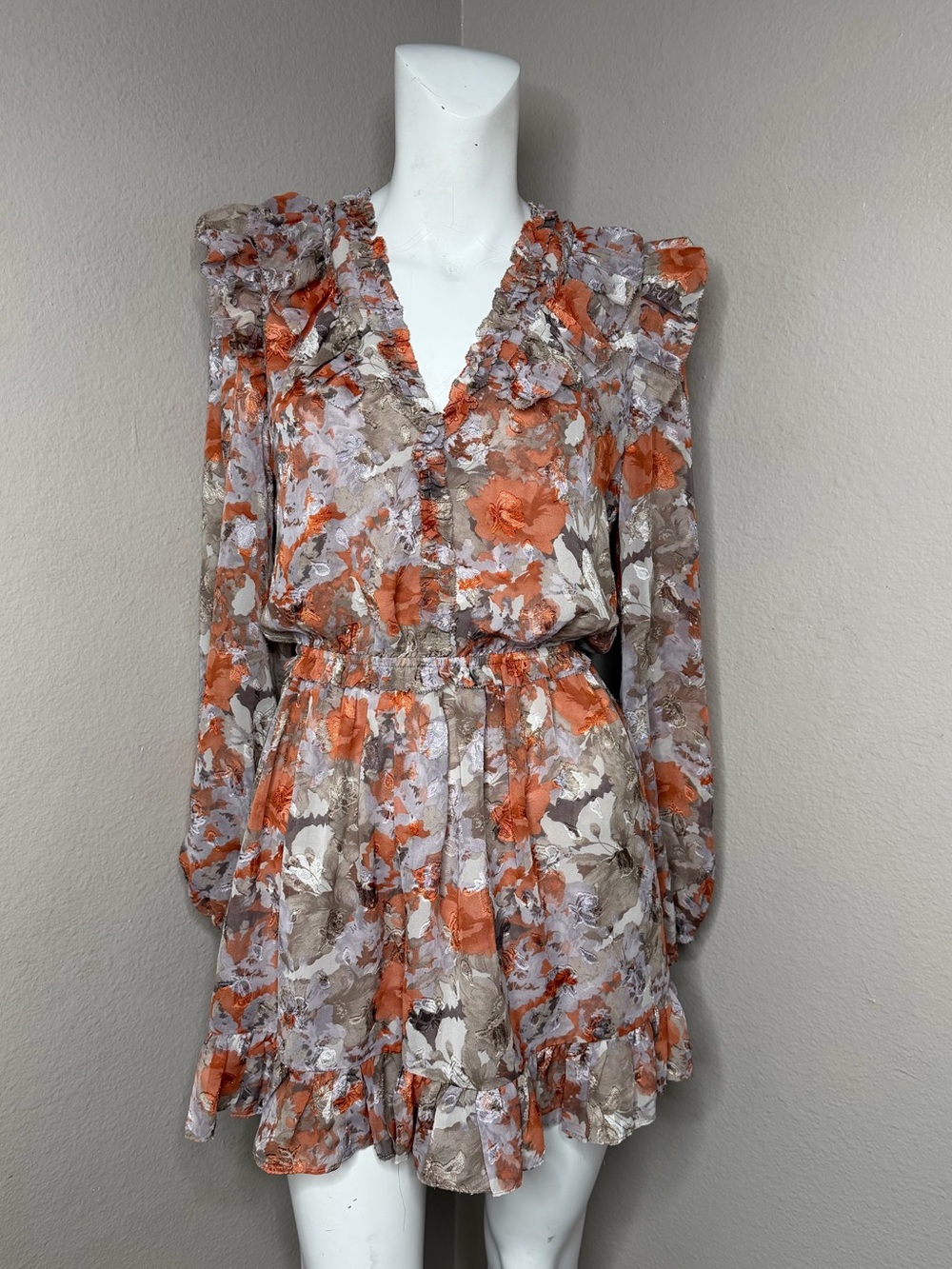 Current Air Orange and Taupe Floral Ruffle Long-Sleeve Dress women’s small